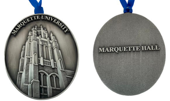 Front and back images of the Marquette Hall ornament