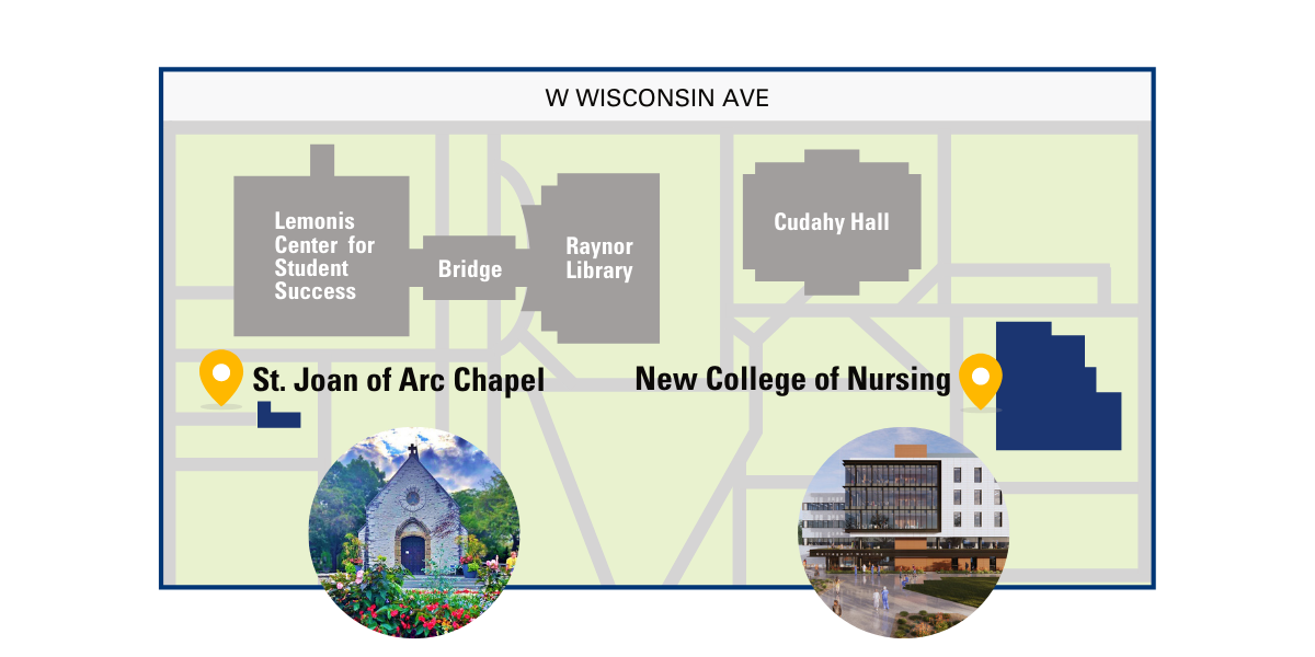 Map of Marquette's campus showing the new College of Nursing opposite the Joan of Arc chapel.